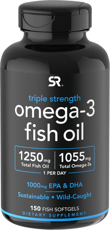 Sports Research Triple Strength Omega 3 Fish Oil - Burpless Fish Oil Supplement W/Epa & Dha Fatty Acids From Wild Caught Fish - Heart, Brain & Immune Support For Men & Women - 1250 Mg, 150 Ct