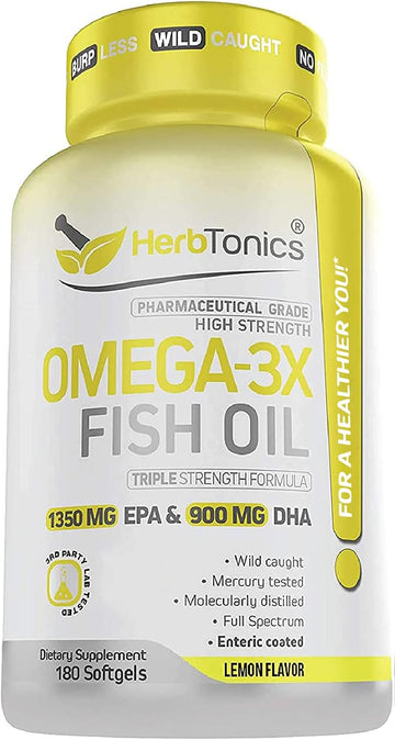 High Strength Omega 3 Fish Oil Supplement 3750MG (HIGH EPA 1350MG + DHA 900MG) Fish Oil Omega 3 Pills Triple Strength Burpless Wild Caught Fish Oil Capsules Heart Health Joint Support (180)
