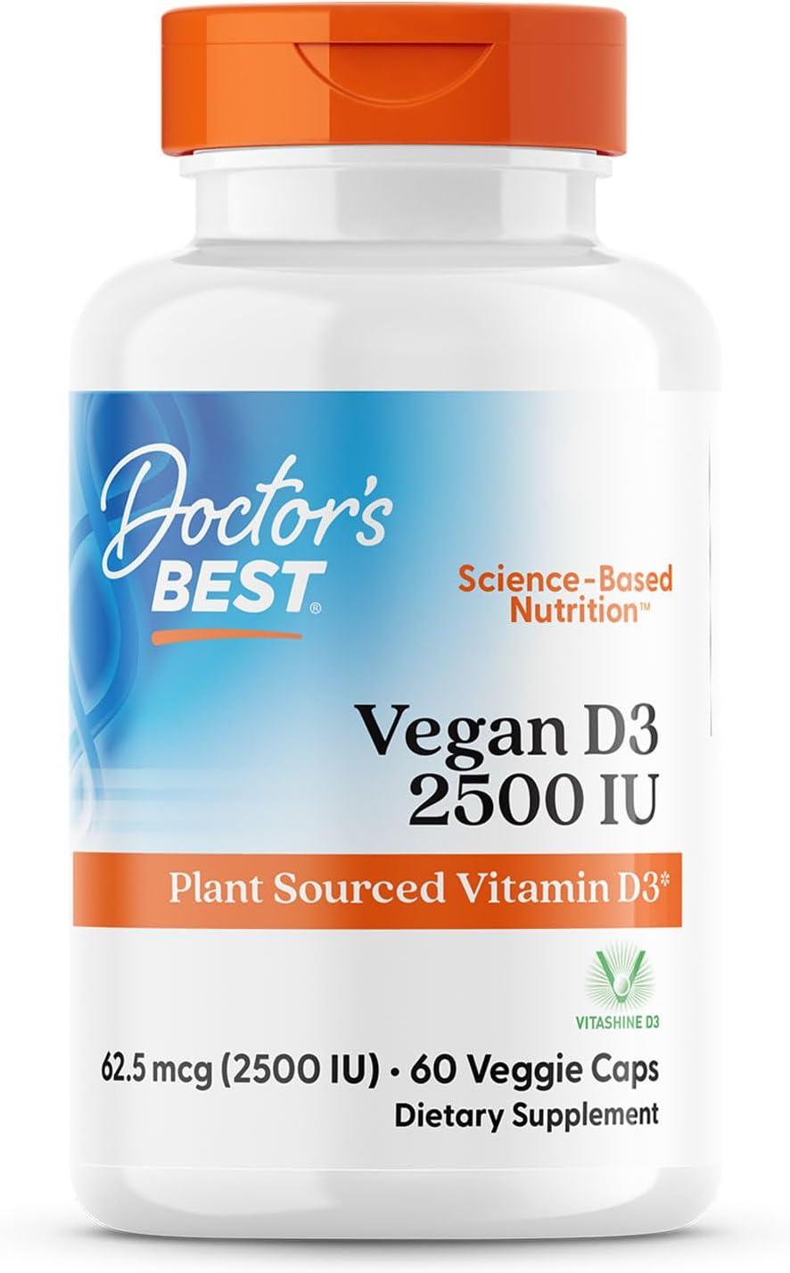 Doctors Best Vegan D3 2500 Iu, Plant Sourced Vitamin D3, Non-Gmo, Gluten Free, Soy Free, Vegan 60 Veggie Caps