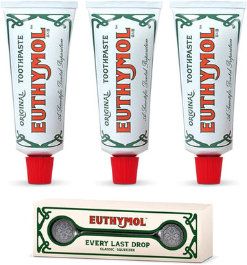 Euthymol Original Toothpaste 75Ml X 6 + Squeezer, No Fluoride, Anti-Plaque, Antibacterial, Cavity Protection, Teeth & Gums Clean And Healthy, Cool Mint Refresh, Daily Oral Enamel Dental Care