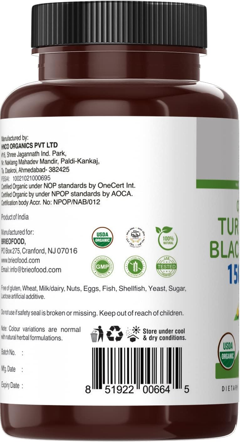 Brieofood Organic Turmeric With Black Pepper 1500Mg, 45 Servings, Vegetarian, Gluten Free, 90 Vegetarian Tablets : Health & Household