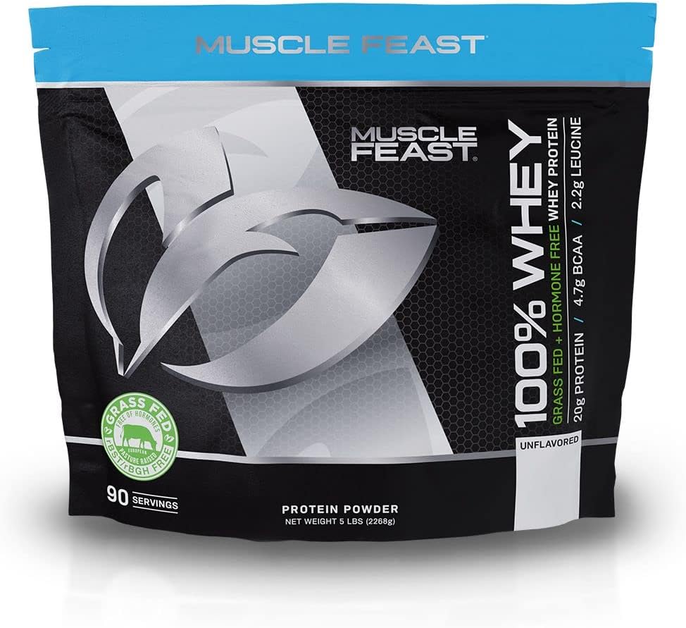 Muscle Feast 100% Grass-Fed Whey Protein, Pastured Raised Hormone Free All Natural, Unflavored, 5Lb