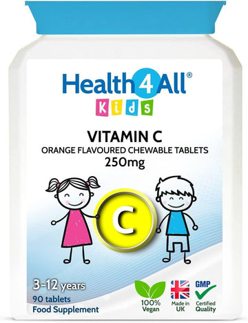 Health4All Kids Vitamin C 250Mg 90 Tablets (V) Vegan Chewable Vitamin C Tablets For Children 3+ Immune Support Supplement