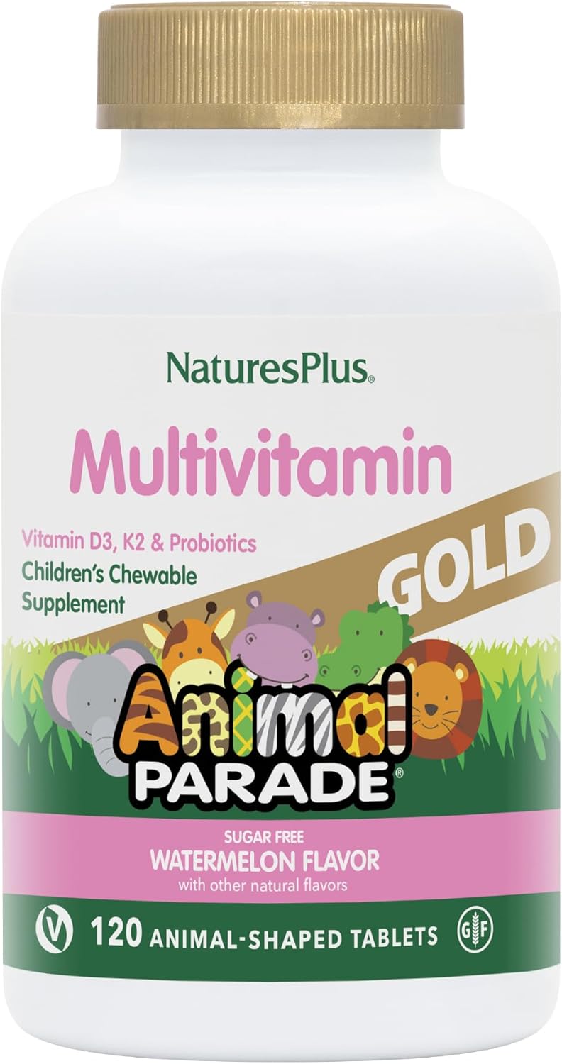 Natures Plus Animal Parade Gold Multivitamin Children’S Chewables - Watermelon Flavor - 120 Animal-Shaped Tablets - Vitamin D3, K2 & Probiotics - Vegan, Gluten Free - 60 Total Servings