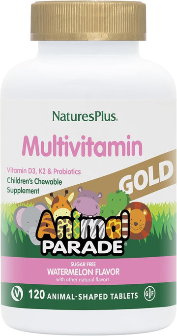 Natures Plus Animal Parade Gold Multivitamin Children’S Chewables - Watermelon Flavor - 120 Animal-Shaped Tablets - Vitamin D3, K2 & Probiotics - Vegan, Gluten Free - 60 Total Servings