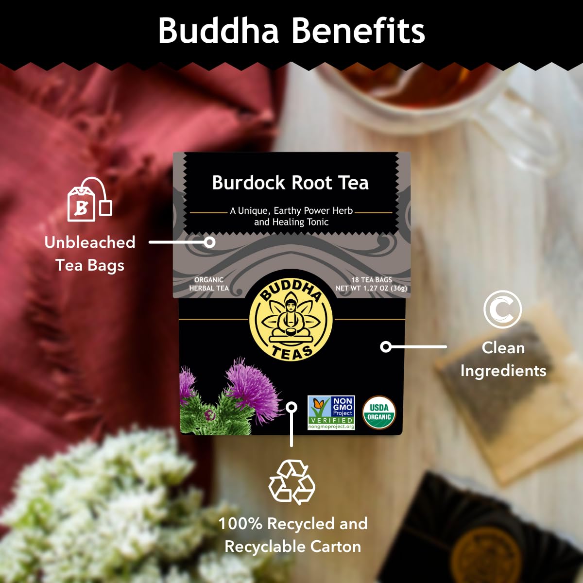 Buddha Teas - Burdock Root - Organic Herbal Tea - For Health & Wellbeing - With Antioxidants, Minerals & Vitamin C - Caffeine Free - Ou Kosher & Non-Gmo - 18 Tea Bags (Pack Of 1)