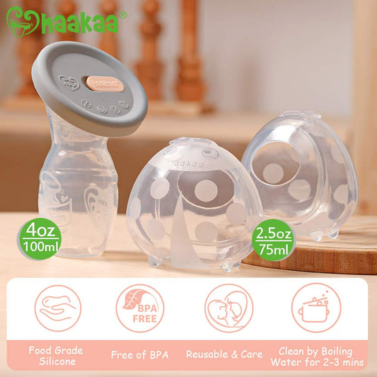 Haakaa 4oz/100ml Manual Breast Pump with Leakproof Silicone Lid and 2 * 2.5oz/75ml Wearable Ladybug Breast Milk Collector Combo New Breastfeeding Gift