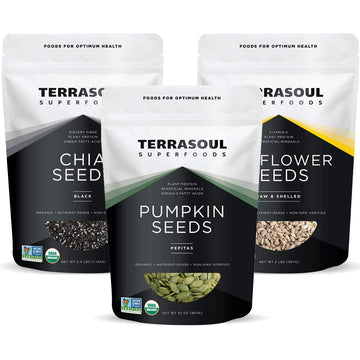 Terrasoul Superfoods Organic Pumpkin Seeds 2 Lbs + Organic Sunflower Seeds 2 Lbs + Organic Black Chia Seeds 2.5 Lbs Bundle