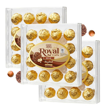 Choczero Royal Truffle 3-Pack - Premium Gluten Free Milk Chocolate - Zero Sugar Added Hazelnut Chocolate (48 Truffles Total, 25.5 Ounces)