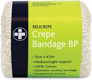 Reliance Medical White Bp Grade Cotton Relicrepe Crepe Bandage Soft, Comfortable, Medium/Light Support And Non-Sterile Bandage Designed For Sprains, Strains, And Minor Aches (7.5Cm X 4.5M, Pack Of 10)