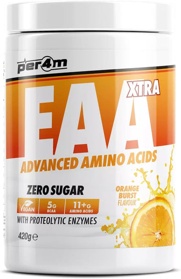 Per4M Eaa Xtra/Amino Xtra | 30 Servings Of Full Spectrum Eaa With Proteolytic Enzymes | Vegan Friendly | Zero Sugar Amino Acid (420G, Orange Burst)