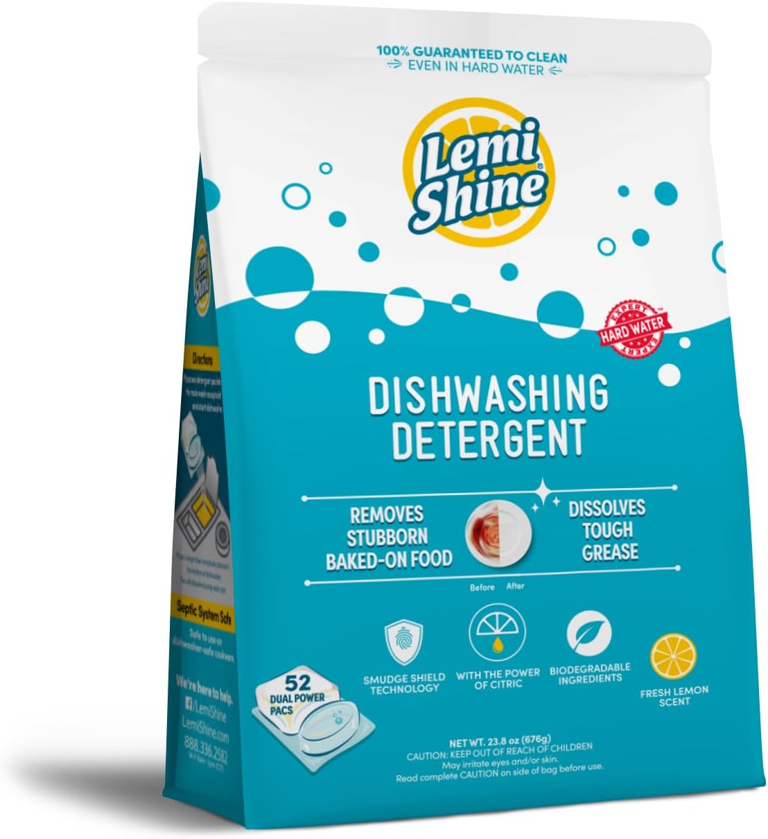 Lemi Shine Natural Dishwasher Pods | All-In-One Powder & Gel Dishwasher Detergent Pods with Powerful Citric Acid | Eco Friendly Dish Wash Cleaning Supplies (52 Count)