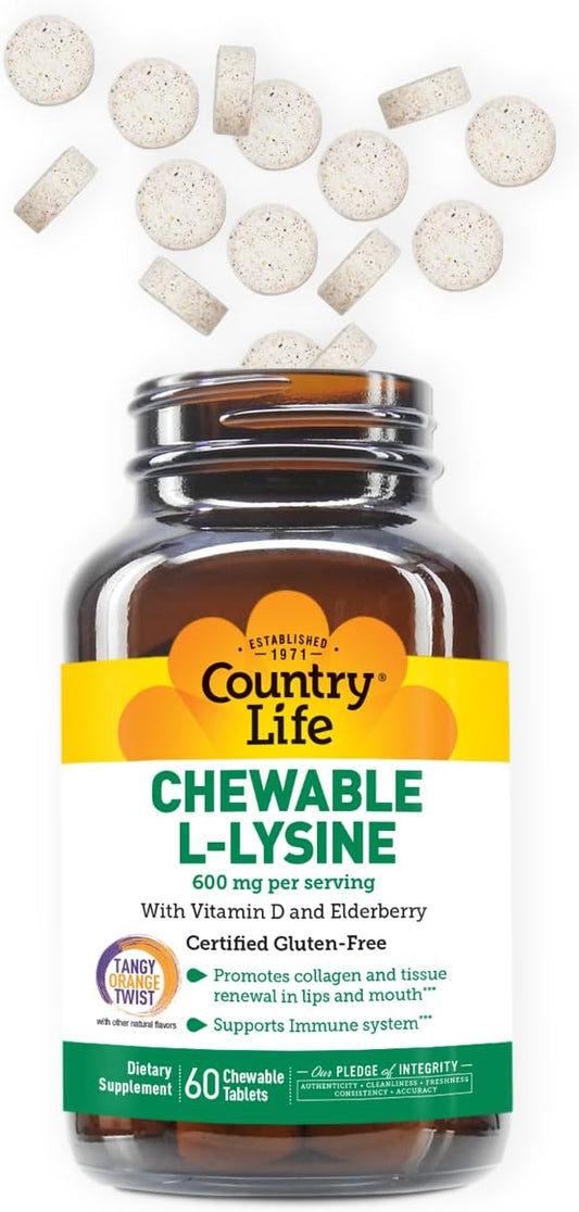 Country Life Chewable L-Lysine Supplement With Vitamin D And Elderberry, Immune Support And Collagen Renewal For Skin Tissue, Ideal For Adults