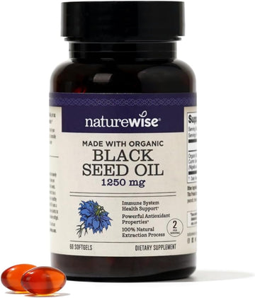 Naturewise Black Seed Oil Capsules 1250 Mg - With 100% Organic Cold Pressed Nigella Sativa - Omega 3 6 9 - Antioxidant Immune Support, Hair & Skin - Non-Gmo, Gluten-Free - 60 Softgels[1-Month Supply]