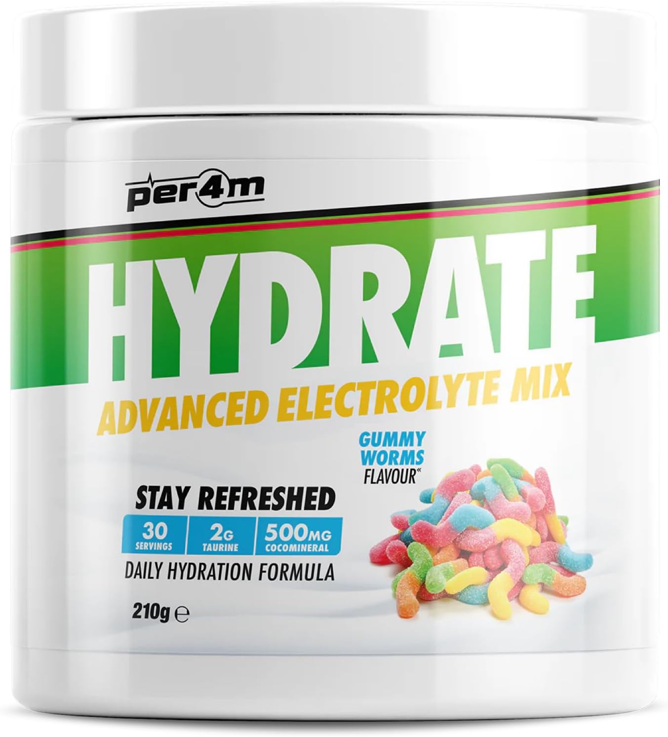 Per4M Hydrate Electrolyte Mix Powder | 500Mg Cocomineral | Replenish Essential Electrolytes | Aiding Muscle Function, Cardiovascular Health, Neurological Support (Gummy Worms, 210G)
