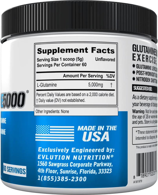 Pure Vegan L-Glutamine Powder Supplement - Evlution Nutrition Nitric Oxide Booster 5g L Glutamine Supplement for Post Workout Recovery Enhanced Pumps Gut Health Energy and Immunity - Unflavored