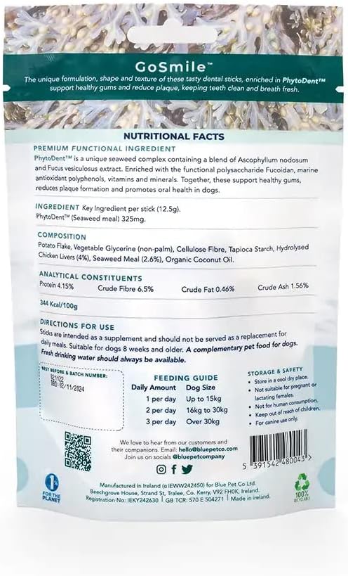 Blue Pet Co - Gosmile Teeth & Gums Supplement For Dogs - Promotes Oral Health, Fresh Breath & Healthy Gums - Enriched With Seaweed Extract Phytodent - Rich In Chicken - 7 Sticks