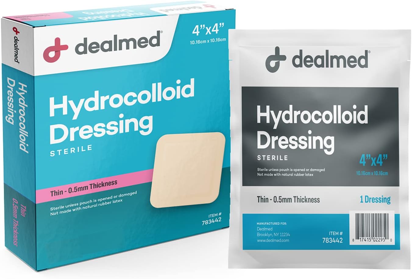 Dealmed Brand Hydrocolloid Dressing 4” X 4” Thin Bandages Wound Care For First Aid Kits Individually Packed (10/Box)