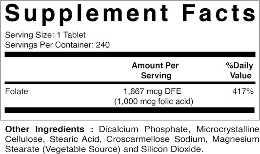 Vitamatic Folic Acid 1000 mcg (1 mg) - Vegetarian Tablets - 1667 mcg DFE - Vitamin B9 (240 Count (Pack of 2))