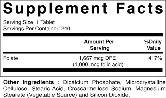 Vitamatic Folic Acid 1000 mcg (1 mg) - Vegetarian Tablets - 1667 mcg DFE - Vitamin B9 (240 Count (Pack of 1))