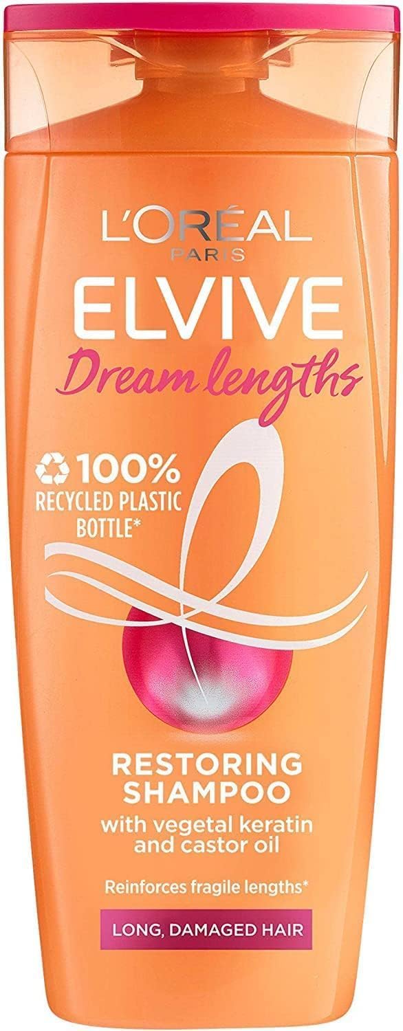 L'Oréal Elvive Dream Lengths Shampoo 250Ml & Conditioner 200Ml Set For Long Hair, Nourishing Repair With Castor Oil & Vitamins For Damaged Ends, Smooth & Strong Hair