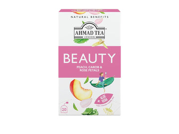 Ahmad Tea Herbal Tea, Peach, Carob, And Rose Petals 'Beauty' Natural Benefits Teabags, 20 Ct (Pack Of 6) - Decaffeinated & Sugar-Free