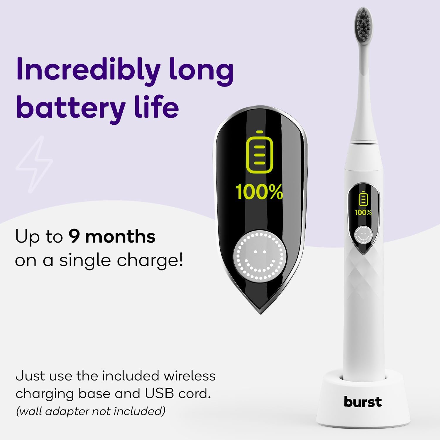 Burst Pro Sonic Electric Toothbrush for Adults - Soft Bristle Toothbrush for Deep Clean & Plaque Removal - Up to 9 Month Battery, Smart Pressure Sensor, 5 Sonic Toothbrush Modes - White : Health & Household