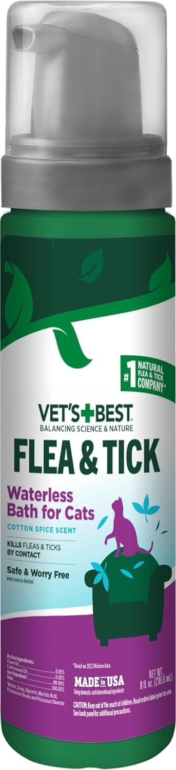 Vet’S Best Flea & Tick Waterless Bath For Cats – Cat Waterless Bath – Cotton Spice Scent – Natural Flea And Tick Prevention – Kills Fleas & Ticks On Contact – 8Oz