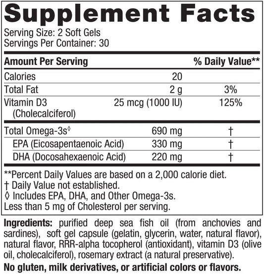 Nordic Naturals Omega-3D, Lemon Flavor - 60 Soft Gels - 690 mg Omega-3 + 1000 IU Vitamin D3 - Fish Oil - EPA & DHA - Immune Support, Brain & Heart Health, Healthy Bones - Non-GMO - 30