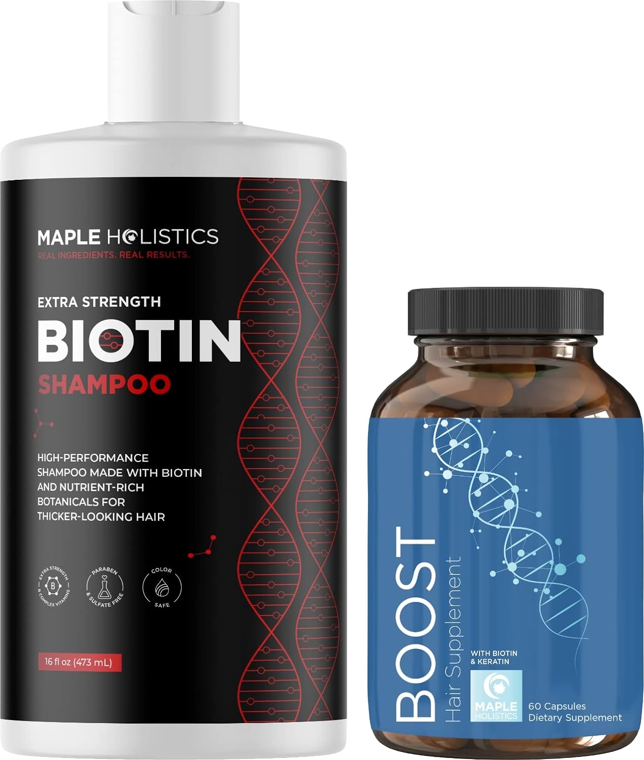 Volumizing Biotin Shampoo and Vitamins Set - Sulfate Free Extra Strength Biotin Shampoo with Keratin for Fuller Looking Hair Plus Hair Loss Biotin Vitamins for Skin Nails and Faster Hair Growth