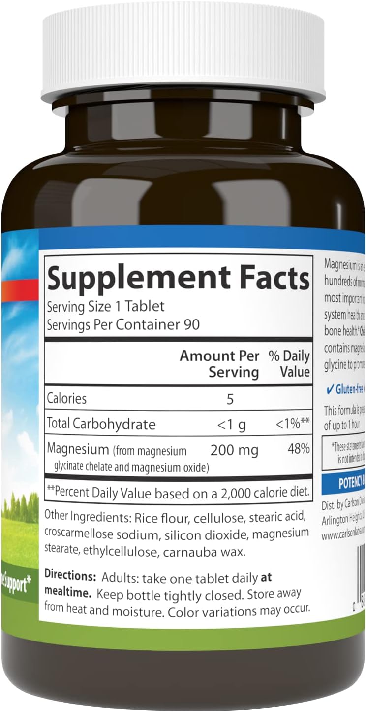 Carlson - Chelated Magnesium, 200 mg - Superior Absorption, Heart & Muscle Function, Bone Support, 90 tablets