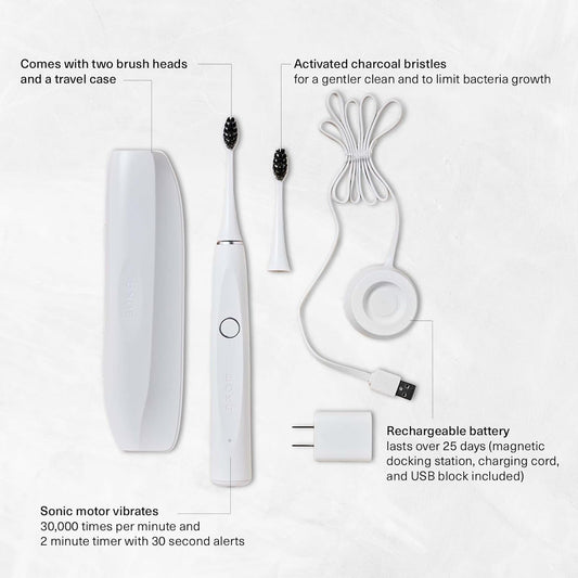 Boka 2.0 Electric Toothbrush For Adults W/ 2 Heads - Rechargeable Sonic Powered Tooth Brush - Charcoal Activated Bristles For Deep Cleaning - Dentist Recommended Oral Care - Charging Base W/Micro Usb