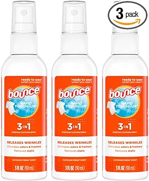 Bounce Anti Static Spray, 3 in 1 Instant Anti Static Spray & Instant Wrinkle Release, Odor Eliminator & Fabric Refresher, Travel Size (3 Oz,Pack of 3)