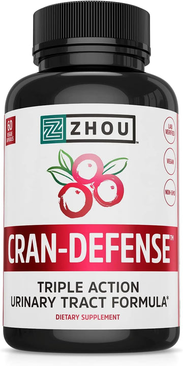 Zhou Nutrition Cran Defense, Cranberry Concentrate Urinary Tract Formula, Flush Out Impurities and Healthy Bladder Support, 3 in 1 Formula - Cranberry Extract, D-mannose, Vitamin C, Multi - 60 Count