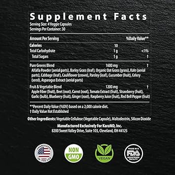 KaraMD Pure Nature | Greens, Fruits & Vegetables Whole Food Supplement | Vitamins, Fiber & Antioxidants | Support Energy & Digestion | Non-GMO, Gluten Free & Vegan Friendly (30 Servings)