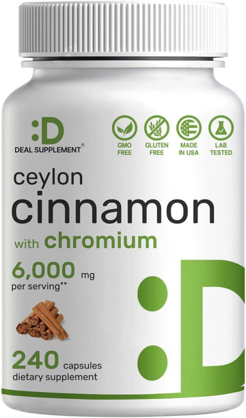 Ceylon Cinnamon 6000Mg With Chromium 1000Mcg, 240 Capsules | Active Inner Bark Extract, True Sri Lanka Source | Natural Cinnamon Supplements