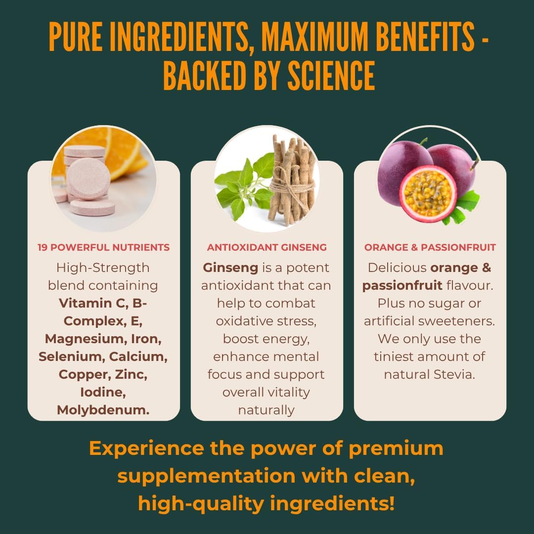 The Vegan Wellness Co. Multivitamin with Ginseng, 19 Nutrients for Energy + Immunity, 40 Effervescent Tablets - Orange and Passionfruit Flavour Immune Booster : Amazon.co.uk: Health & Personal Care