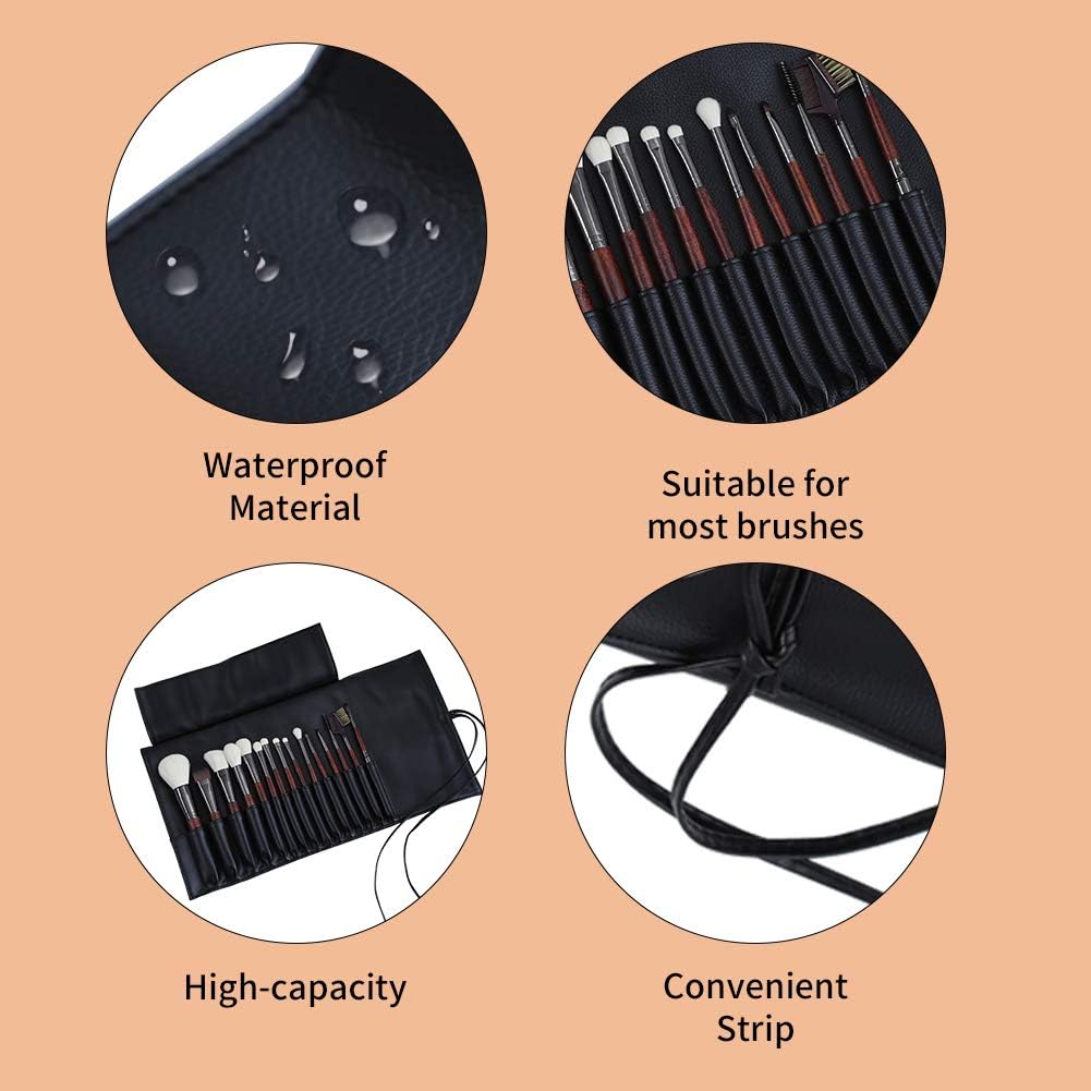 Mond'Sub Makeup Brush Case Travel, Makeup Brush Case Roll Up,Brush Holder Makeup,Holder Organizer Brushes Pouch Cosmetic Bag For TravelRolling Bag Storage Case Pu Leather, Deeply Black, Makeup Brush