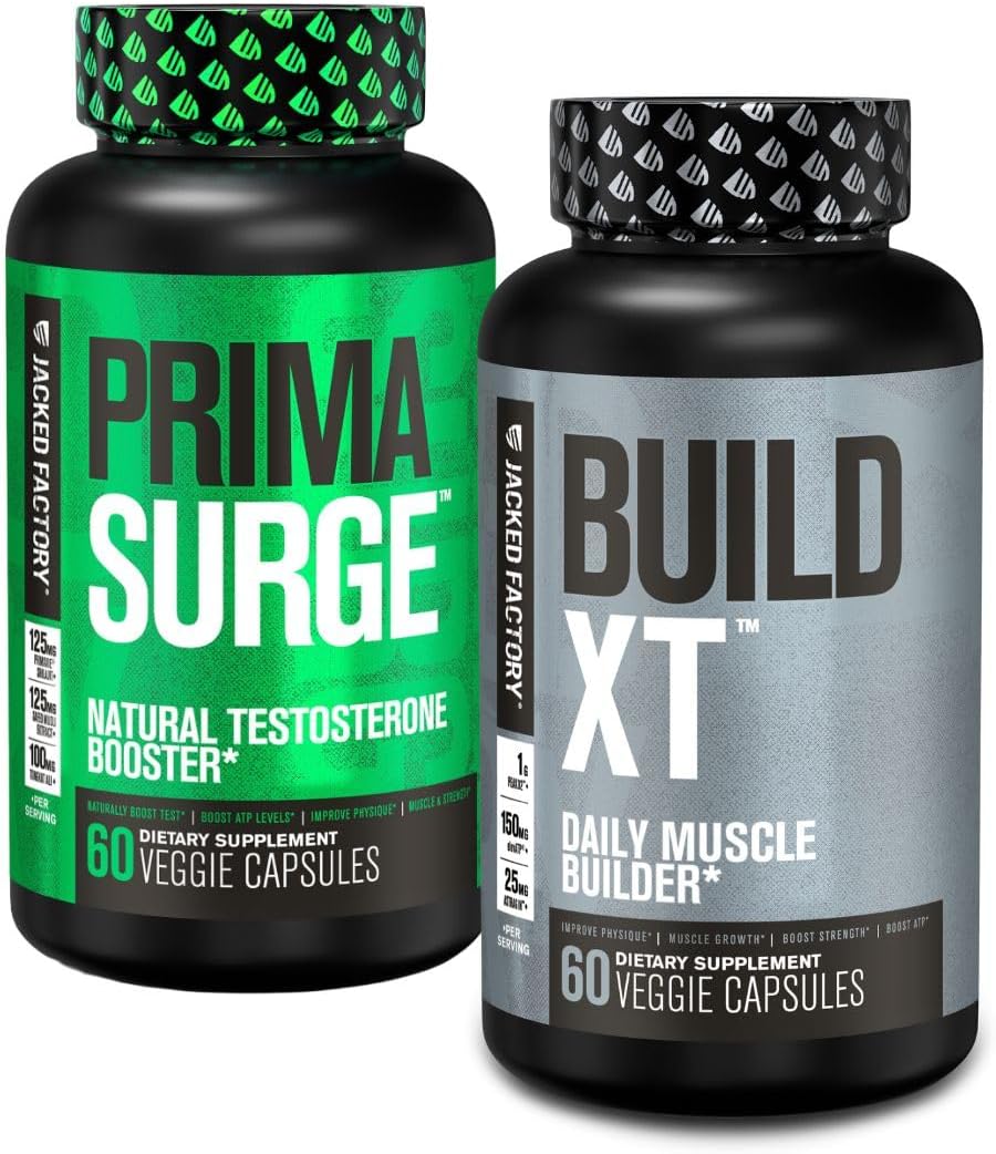 Jacked Factory Primasurge Testosterone Booster For Men (60 Capsules) & Build-Xt Daily Muscle Builder & Performance Enhancer | Muscle Building Supplements For Muscular Strength & Growth