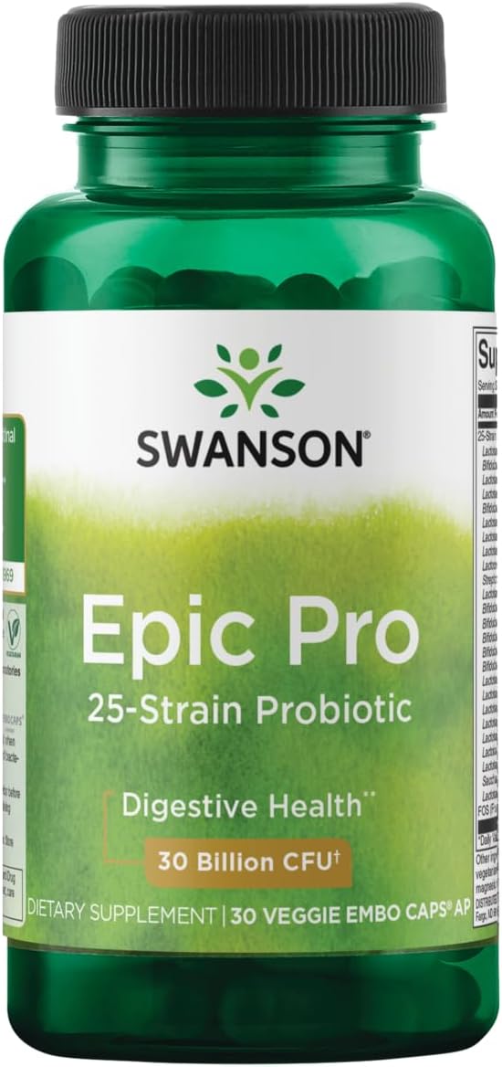Swanson Epic-Pro 25-Strain Probiotic 30 Billion Cfu Digestive Health Immune System Support Prebiotic Nutraflora Fos 30 Drcaps Veggie Capsules (2 Pack)