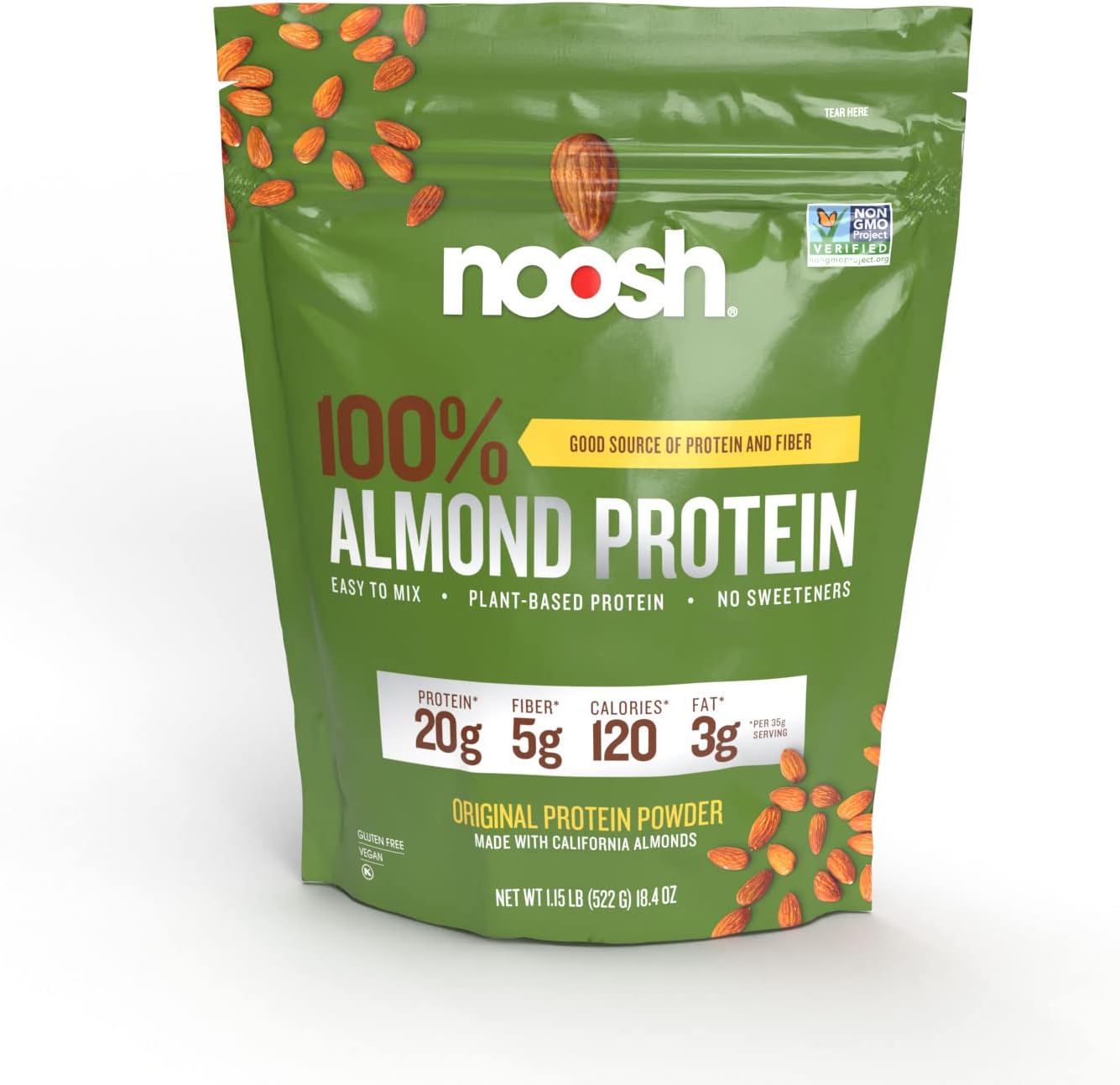 Noosh Plant Based Almond Protein Powder Unflavored 35 Gram - Vegan, All Natural Ingredients, Non-Gmo, Gluten Free, Kosher, Peanut Free, Soy Free, Dairy Free (Unflavored)