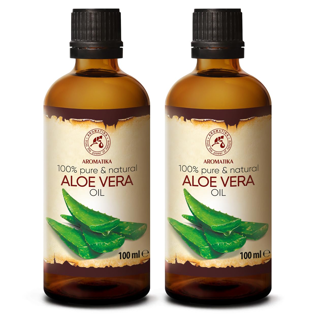 Aromatika Aloe Vera Oil Pure Set 6.8 Fl Oz – 100% Natural - Glass Bottle - Aloe Vera Oil Base Oil - Aloe Barbadensis - Brazil - Refined - Intensive Care For Face - Body - Hair - Hands - Massage