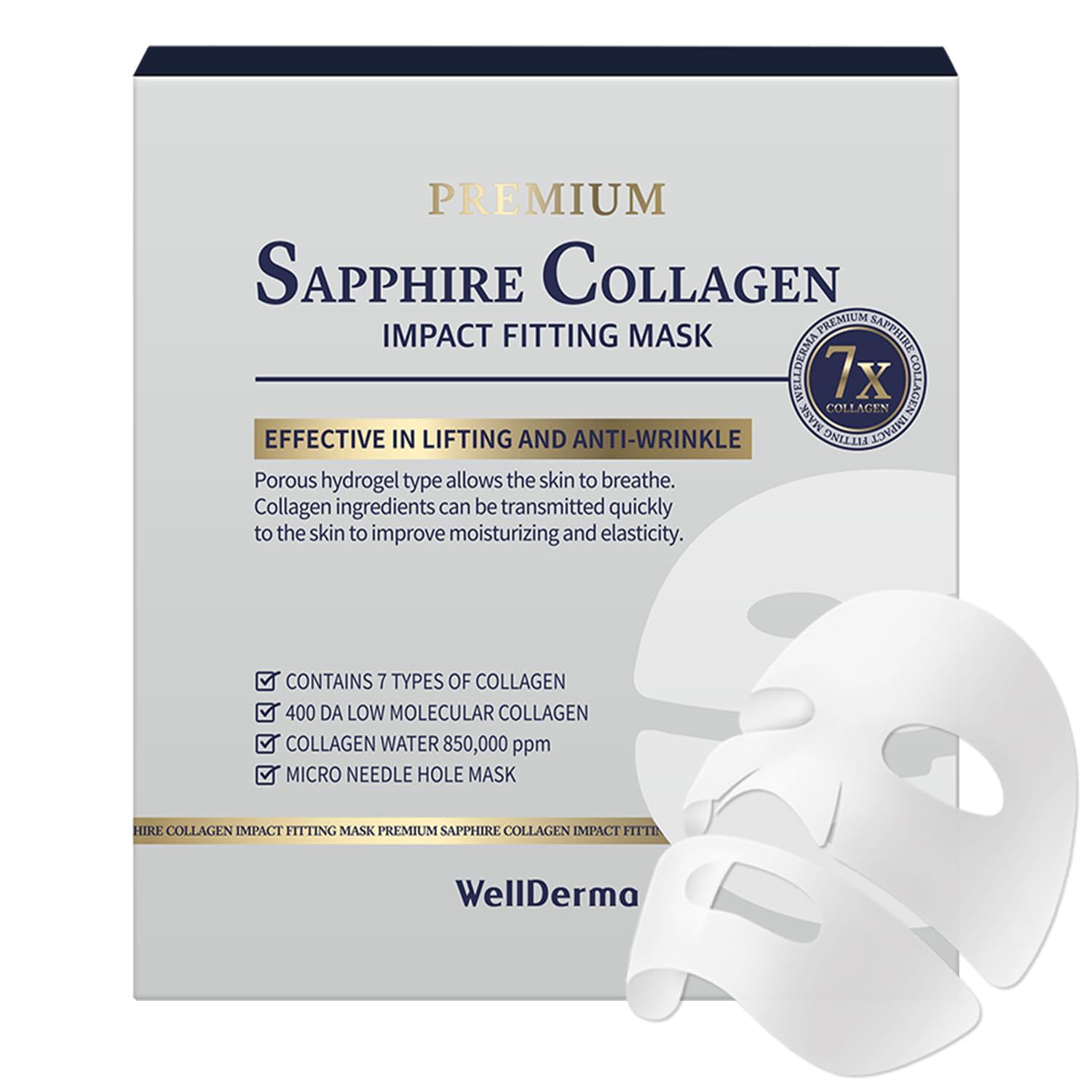 Wellderma Sapphire Collagen Face Mask 4Ea – Korean Hydrogel Mask With 7 Collagen Types & 400Da Technology – Overnight Hydrating, Firming, And Cooling For Glass Skin