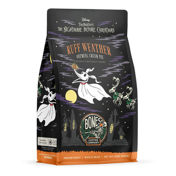 Bones Coffee Company Ruff Weather Flavored Whole Coffee Beans Oatmeal Creampie Flavor | 12 oz Arabica Low Acid Gourmet Coffee From Disney Tim Burton's The Nightmare Before Christmas (Whole Bean)