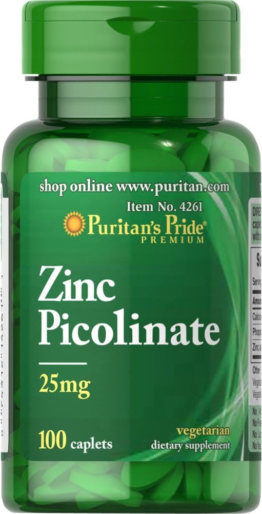 Puritan's Pride Zinc Picolinate 25 Mg to Support Immune System Health Caplets, White, 100 Count : Health & Household