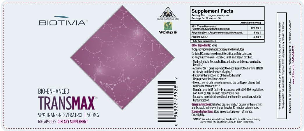 Transmax 1000Mg 98% Trans-Resveratrol + Polydatin + Piperine For Increased Bio-Availability. No Artificial Fillers Or Additives. 60X500Mg Vegan Capsules