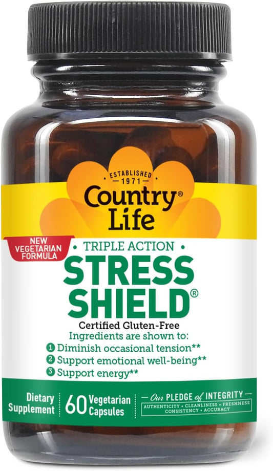 Country Life Stress Shield – Stress & Tension Relief Supplement With Ashwagandha, B-Vitamins For Energy & Emotional Well-Being, Supports Mental Clarity & Resilience, Gluten-Free, Vegan, 60 Capsules