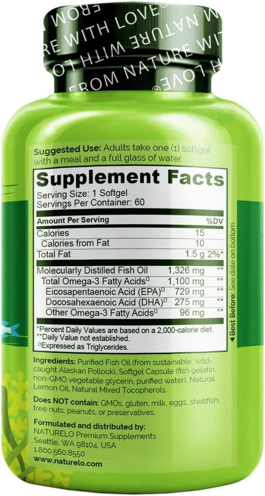 NATURELO Omega-3 Fish Oil Supplement - EPA + DHA - 1100 mg Triglyceride Omega-3 per Gel - One A Day - for Heart, Eye, Brain, Joint Health - No Burps - Lemon Flavor - 60 Softgels | 2 Month Supply