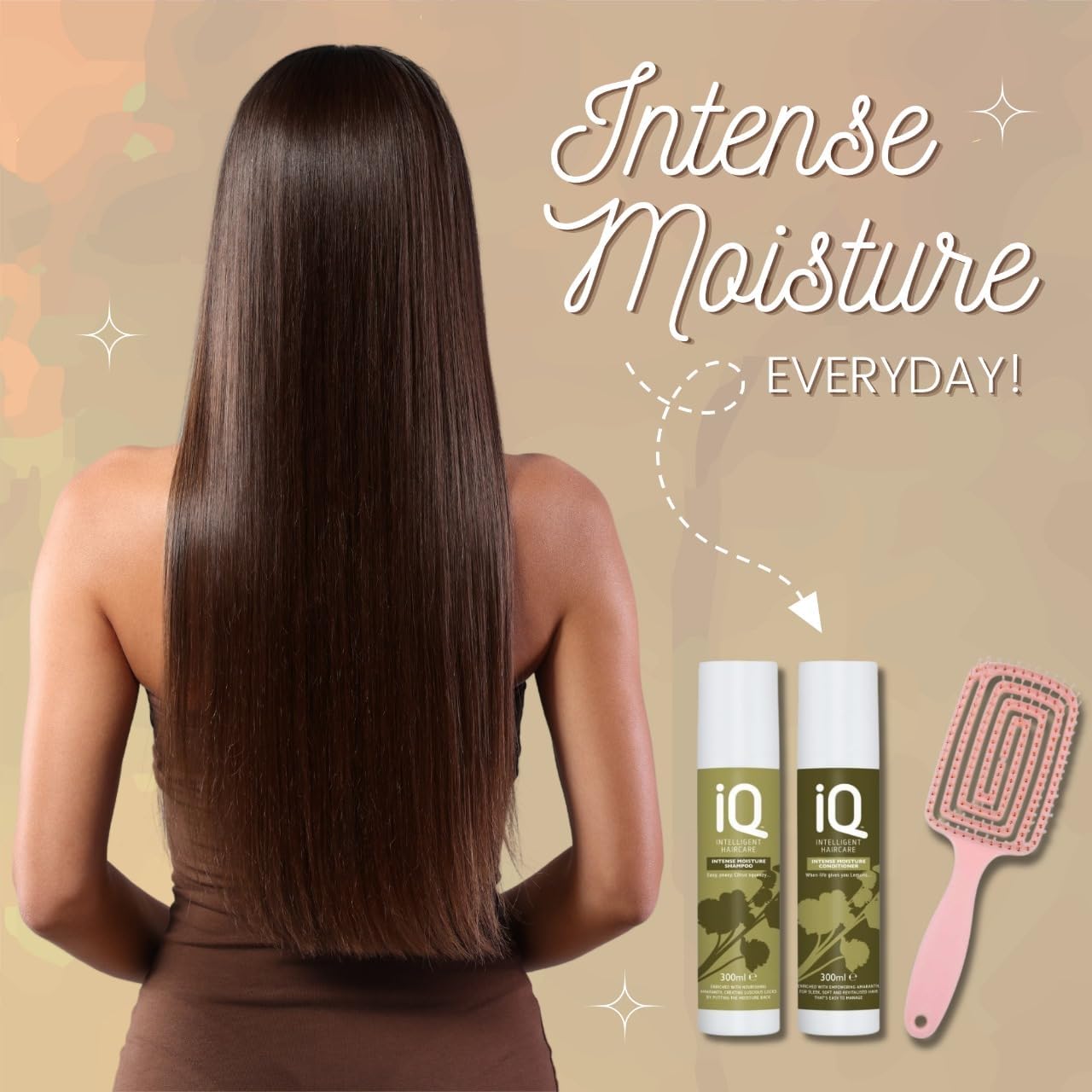 Iq Intelligent Haircare Intense Moisture Shampoo 300Ml And Conditioner 300Ml Set With Detangling Brush - Complete Hair Care For Intense Moisture And Smooth Detangling