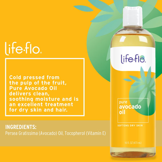 Life-Flo Pure Avocado Oil For Skin Care, Hair Care And Massage, Cold Pressed, Face And Body Moisturizer, Naturally Rich In Protein, Vitamins A, D And E, 60-Day Guarantee, Not Tested On Animals, 16Oz